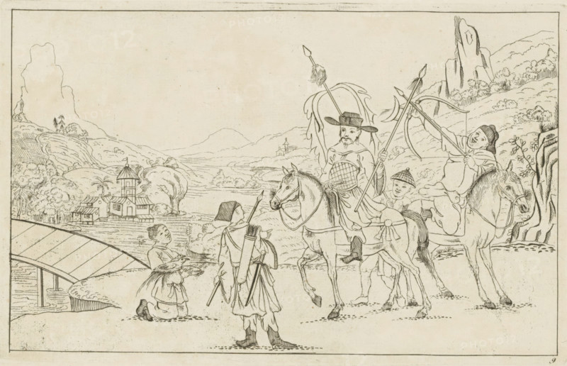 Hunters in a landscape, Chinese hunting scenes, Newly invented Chinese, drawn with great difficulty and brought to light, by P: Schenk Jun, third part, print, album page, ornamental print, Series number, 9, 12, Chinese landscape with a group of hunters. A wealthy gentleman sits on horseback with a spear in his hand. On the left, a kneeling figure with two birds. Print is part of an album., printmaker: Pieter Schenk (II), Amsterdam, 1727 - 1775, paper, etching, height 161 mm x width 255 mm, landscapes in the temperate zone, Chinese, hunter, A line drawing shows a landscape with rolling hills, rocky outcrops, clustered trees, and a building with a tower near a river. In the foreground a bridge spans water and a shoreline with vegetation curves around. Five human figures are arranged near two horses: one person sits on horseback holding a long staff with decorative elements and wears a wide-brimmed hat, another rides a second horse and pulls back on a bow, a third stands in front of the m...