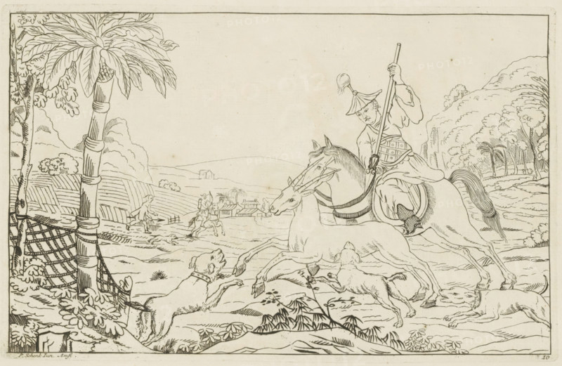 Hunt for a hoofed animal, Chinese hunting scenes, Newly invented Chinese, drawn with great difficulty and published, by P: Schenk Jun, third part, print, album page, ornamental print, Series number, 10, 12, Chinese landscape with a hunter hunting a hoofed animal, possibly a deer, with a spear and hunting dogs. Print is part of an album., printmaker: Pieter Schenk (II), Amsterdam, 1727 - 1775, paper, etching, height 163 mm x width 255 mm, landscapes in the temperate zone, Chinese, hoofed animals, hunt, mammals, A wide ink drawing shows a man in ornate clothing and a helmet riding a horse and holding a long spear while a second horse or stag-like animal rears nearby; two dogs leap toward the animals from the foreground while another dog lies on the ground; a tall tree with broad leaves and a rope netting is at the left edge and rolling hills, trees, and small buildings appear in the distant background; the scene is framed by a simple rectangular border.