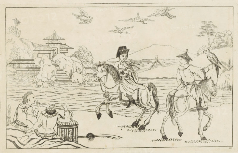 Hunting with birds of prey, Chinese hunting scenes, Newly invented Chinese, drawn with great difficulty and published, by P: Schenk Jun, third part, print, album page, ornamental print, Series number, 11, 12, Chinese landscape with two horsemen with a hunting or bird of prey on their hand. On the left two figures with a birdcage. Print is part of an album., printmaker: Pieter Schenk (II), Amsterdam, 1727 - 1775, paper, etching, height 161 mm x width 254 mm, landscapes in the temperate zone, Chinese, fowling, fowler, A detailed ink drawing shows a riverside scene with a multi-tiered pavilion set among rock formations and trees on the far bank, a stairway leading down to the water, and a distant mountain silhouette; several birds fly across the sky while two riders on saddled horses face each other near the water, one rider wearing a tall hat and holding a bird perched on the arm and the other wearing a conical hat with a bird perched on the hand; in the foreground two seated figures on ...