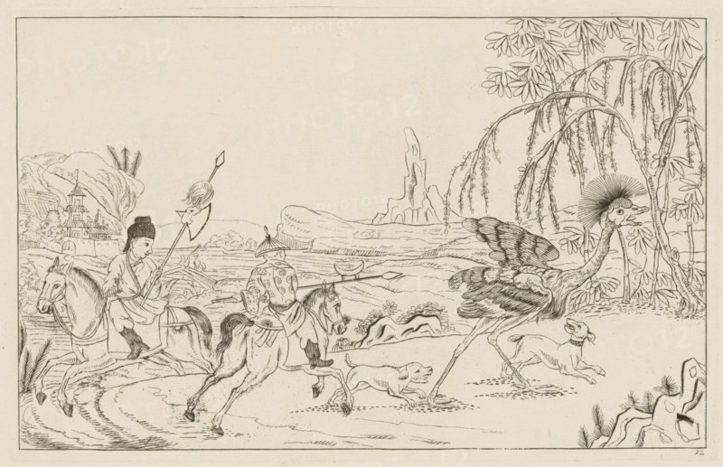 Landscape with ostrich hunt, Chinese hunting scenes, Newly invented Chinese, drawn with great difficulty and published, by P: Schenk Jun, third part, print, album page, ornamental print, Series number, 12, Chinese landscape with two horsemen hunting an ostrich with spears and hunting dogs. Print is part of an album., printmaker: Pieter Schenk (II), Amsterdam, 1727 - 1775, paper, etching, height 161 mm x width 254 mm, landscapes in the temperate zone, Chinese, game, hunted animals, walker and runner birds: ostrich, A detailed black and white line drawing shows two riders on horses moving from left toward center, each wearing distinctive headgear and traditional clothing, one holding a long pole with a tufted end and the other a spearlike weapon; two dogs run alongside them with one near the foreground and another slightly behind; a large bird with long legs, patterned wings, and a crest on its head walks to the right under drooping branches of a willow-like tree; the landscape includes ...