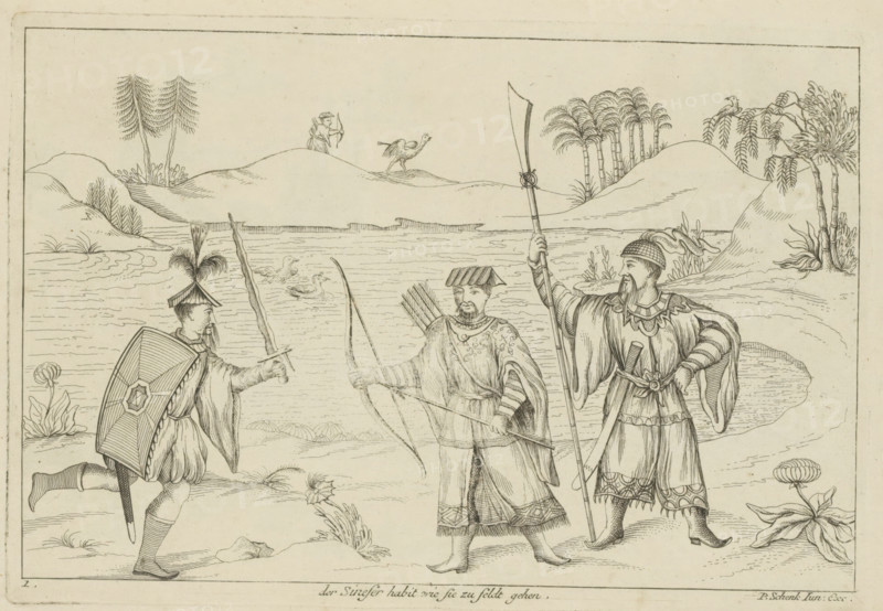 The Chinese custom as they go to the field, Three Chinese warriors in a landscape, Chinese customs, print, album page, ornamental print, Series number, 1, 12, Three Chinese warriors in a landscape. Print is part of an album., printmaker: Pieter Schenk (II), Amsterdam, Leipzig, 1727 - 1775, paper, etching, height 173 mm x width 253 mm, landscapes in the temperate zone, Chinese, weapons, A wide landscape drawing shows three standing men in period clothing near a body of water, each holding weapons and wearing distinctive headgear; the left figure holds a curved sword and a large rectangular shield with geometric decoration and has a tall feathered plume on his helmet, the central figure holds a bow and has a quiver of arrows on his back and a flat, angled hat, and the right figure holds a long pole weapon and wears flowing robes with patterned sleeves and a cap with a long braided beard. The background contains gently rolling hills, clusters of slender palm-like trees, and small plants a...