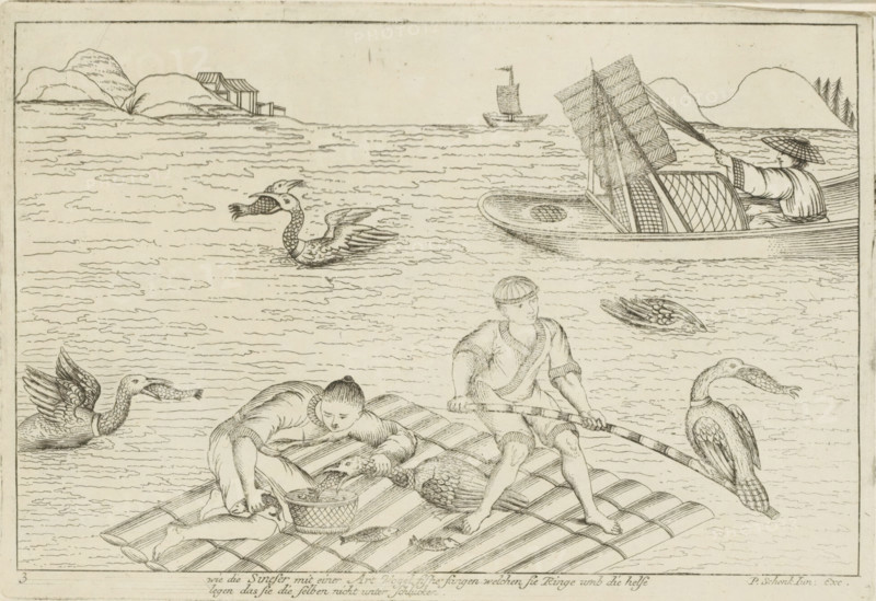 Catching fish with ringed birds, Wie die Sineser mit einer Art Vogel fishe fangen welchen sie Ringe umb die helse legen das sie die selben nicht unter schlucken, Chinese customs, print, album page, ornamental print, Series number, 3, 12, Water landscape with a Chinese custom, in which birds with rings around their necks catch fish. The fish are being taken from the beaks of the birds in the foreground. Print is part of an album., printmaker: Pieter Schenk (II), Amsterdam, Leipzig, 1727 - 1775, paper, etching, height 172 mm x width 251 mm, landscapes in the temperate zone, Chinese, commercial fishery, boat propelled by man or animal, A horizontal scene in a light monochrome drawing shows a body of water with gentle rippling lines, distant low hills and small structures along the far shore, and a small sailboat near the horizon. In the foreground two figures sit and kneel on a woven raft made of rounded logs; one figure holds a long pole and looks sideways while the other bends forward r...
