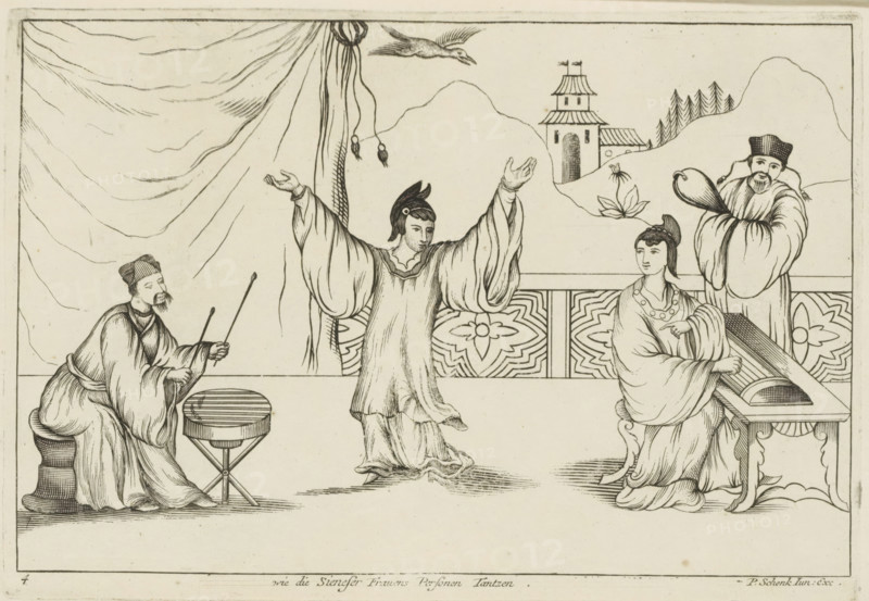Musicians and dancing Chinese woman, Wie die Sieneser Frauens Personen tantzen, Chinese customs, print, album page, ornamental print, Series number, 4, 12, A Chinese woman dances to the music of musicians. Print is part of an album., printmaker: Pieter Schenk (II), Amsterdam, Leipzig, 1727 - 1775, paper, etching, height 173 mm x width 252 mm, Chinese, woman dancing alone, more than one musician with instrument, percussion instruments, A black and white line drawing shows a scene with four robed figures on a raised platform in front of patterned panels and a backdrop of hills and a small towered building; a draped curtain hangs on the left and a bird flies near the top center. At center a figure stands with arms raised, wearing flowing sleeves and a headpiece, facing slightly right. On the left a seated figure in a robe and cap holds two thin sticks above a low round drum on a tripod. On the right a seated woman in layered garments and a decorative necklace sits at a table with a long c...