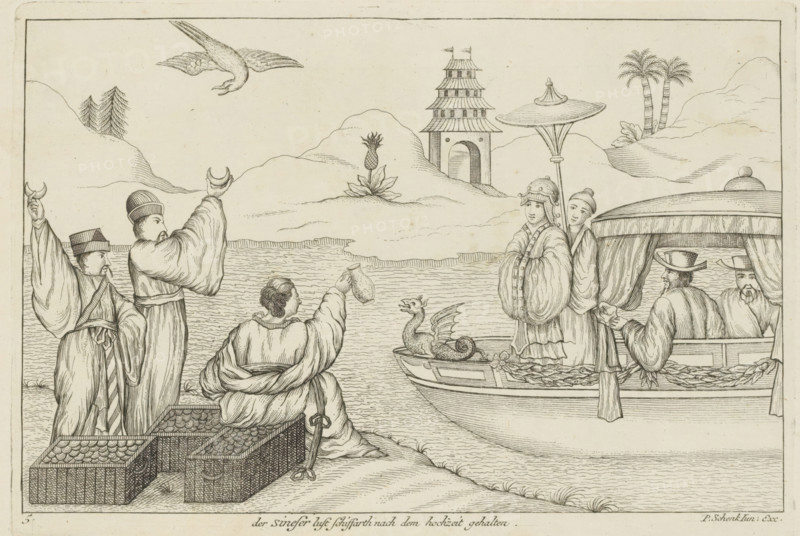 The Chinese desire, Ship after the wedding, Boat trip after a Chinese marriage, Chinese customs, print, album page, ornamental print, Series number, 5, 12, After a marriage has been concluded, a boat trip is taken on a ship. The bride stands on the ship under a parasol. On the shore three figures, two of whom hold a crescent moon. Print is part of an album., printmaker: Pieter Schenk (II), Amsterdam, Leipzig, 1727 - 1775, paper, etching, height 173 mm x width 254 mm, Chinese, (civil) marriage ceremonies, ships (in general), A shoreline scene rendered in fine line engraving shows figures in flowing robes and ornate headwear gathered near boats on calm rippled water, with one seated figure holding a pitcher and others raising their arms, a small boat nearby contains a dragon-headed figurehead and people standing and seated under a canopy, two palm trees and a pavilion-like tower rise on distant hills, a bird flies overhead, and decorative braided nets and patterned boxes appear in the fo...