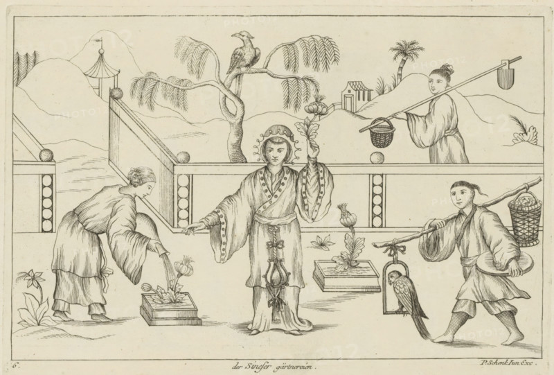 The Chinese Gardening, Chinese Gardeners, Chinese customs, print, album page, ornamental print, Series number, 6, 12, View of a garden with Chinese gardeners. In the center a standing woman with a flower in her hand. Print is part of an album., printmaker: Pieter Schenk (II), Amsterdam, Leipzig, 1727 - 1775, paper, etching, height 171 mm x width 252 mm, Chinese, gardening, A black and white line drawing shows five figures in traditional clothing arranged across a garden scene with a low railing and mountainous background; a central figure stands facing forward wearing a long robe with wide sleeves and a decorated headdress while holding a flowering stem, a figure to the left leans forward as if tending a potted plant, a figure to the right carries a pole with a basket and a shaded object suspended from its end and looks over a shoulder, another figure at right walks carrying a pole across a shoulder with a woven basket and a round tray, and a bird perches on a branch of a tree that ris...