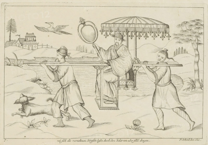 Chinese man in sedan chair, Wie sich die vornehmen Sinesen lasen durch ihre Sclaven uber feld dragen, Chinese gentleman in a sedan chair (former title), Chinese customs, print, album page, ornamental print, Series number, 7, 12, A prominent Chinese man is carried in a sedan chair by enslaved servants. Print is part of an album., printmaker: Pieter Schenk (II), Amsterdam, Leipzig, 1727 - 1775, paper, etching, height 175 mm x width 255 mm, slavery, serfs and enslaved persons, Chinese, (carrying a person in a) sedan-chair, A line drawing shows a robed figure seated in an ornate covered chair carried on poles by two attendants, one at the front and one at the back, both wearing simple garments and hats; the seated figure holds a large hand mirror and wears a brimmed hat and patterned sleeves beneath a fringed canopy; a bird is depicted flying near the top and a small building with a flag appears on a distant hill; a tree with rounded foliage stands on the right and a tall slender tree on t...