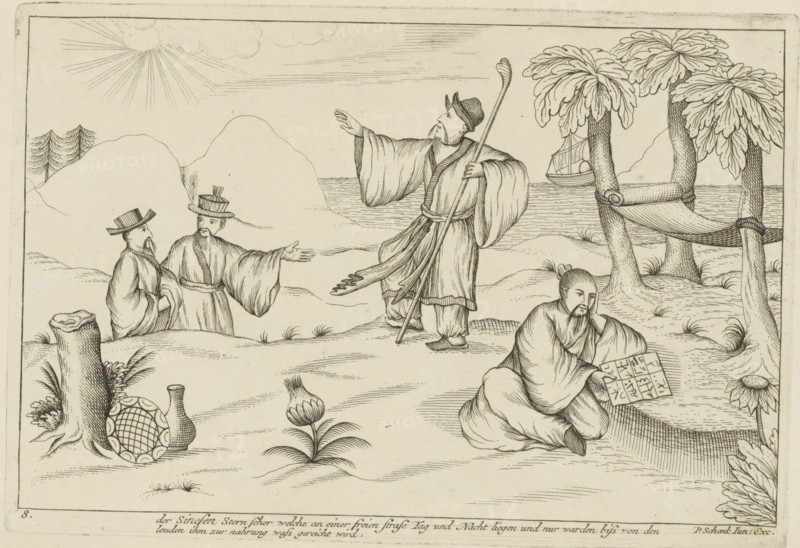 Chinese stargazers, Der Sinesen Stern Seher welche an einer freien Strase Tag und Nacht liggen und nur warden biss von den leuden ihm zur nahrung wass gereicht wird, Chinese customs, print, album page, ornamental print, Series number, 8, 12, Chinese stargazers sit and stand in a landscape and study the stars day and night. They live off what other people bring in terms of food and drink. On the right, a hammock between trees. Print is part of an album., printmaker: Pieter Schenk (II), Amsterdam, Leipzig, 1727 - 1775, paper, etching, height 172 mm x width 253 mm, landscapes in the temperate zone, Chinese, astrology, A pen-and-ink scene shows several robed figures in an outdoor landscape by the water, with one standing man holding a long staff and gesturing upward while wearing flowing robes and a hat, two other robed men standing nearby with one extending an arm toward the gesturing figure, and a seated robed man in the foreground holding a rectangular object and resting his head on his...