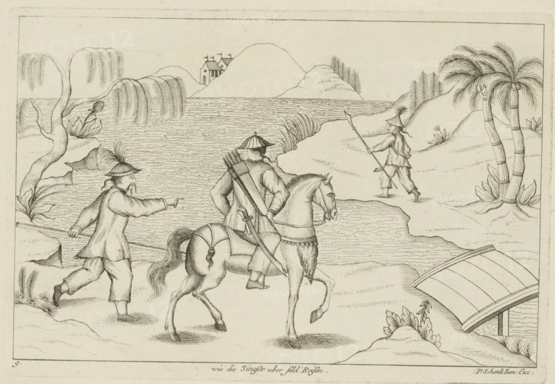 Chinese travelers, Wie die Sineser uber feld Reisen, Chinese customs, print, album page, ornamental print, Series number, 9, 12, Landscape with three Chinese travelers. Two go on foot, one travels on horseback. Print is part of an album., printmaker: Pieter Schenk (II), Amsterdam, Leipzig, 1727 - 1775, paper, etching, height 172 mm x width 253 mm, landscapes in the temperate zone, Chinese, riding a horse, ass, or mule, rider, horseman, 'en route', traveller under way, A monochrome line drawing shows a shoreline scene with water stretching across the middle ground and hills rising behind it, a small building visible among the hills. In the foreground three figures are present: one walking and pointing while holding a long pole, another mounted on a horse wearing a conical hat and carrying a quiver and sword, and a third standing on the opposite bank holding a long spear. Vegetation includes drooping willow-like trees and large-leaf plants on the left, tall grasses near the water, and cl...