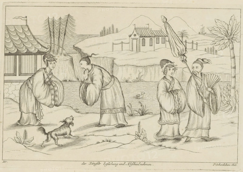 Landscape with Chinese people meeting and greeting each other, Der Sineser besuchung und Abschied nehmen, Chinese customs, print, album page, ornamental print, Series number, 10, 12, Landscape with a Chinese woman and man greeting each other and setting off together. Print is part of an album., printmaker: Pieter Schenk (II), Amsterdam, Leipzig, 1727 - 1775, paper, etching, height 173 mm x width 253 mm, landscapes in the temperate zone, Chinese, saluting, meeting, A monochrome line drawing shows four robed figures standing on a shoreline with stylized hills and water in the background; two of the figures wear ornate headdresses and bulbous sleeves, one holds a long pole with a draped cloth, and another holds a folding fan while facing the pole-bearer; a small dog with an open mouth stands on the ground nearby; behind the figures are a pavilion with a tiled roof, clusters of tall thin trees, a small building on a distant hill, a palm-like tree, and a distant sailing boat on the water; d...