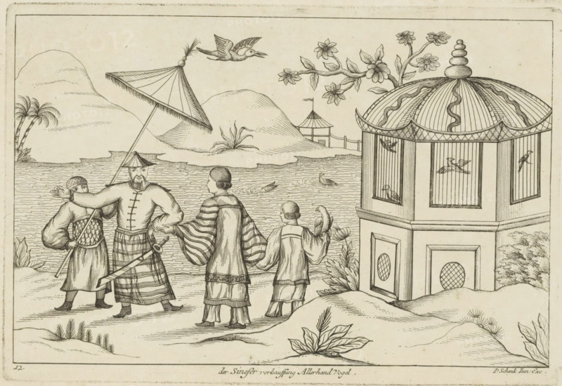 Landscape with Chinese bird sellers, Der Sineser verkauffung Allerhand Vogel, Chinese customs, print, album page, ornamental print, Series number, 12, Landscape with Chinese bird sellers by a birdcage. Print is part of an album., printmaker: Pieter Schenk (II), Amsterdam, Leipzig, 1727 - 1775, paper, etching, height 173 mm x width 255 mm, birds, landscapes in the temperate zone, Chinese, A line drawing shows a waterfront scene with distant rounded hills and a small pavilion near the water, a large umbrella held by a standing man, and a bird flying above; three figures face the water with their backs or sides visible, wearing patterned robes and hats, one holding a pole and another with a bird perched on an arm; nearby a figure with a beard and distinctive clothing stands facing forward under the umbrella; rippling water contains a few swimming birds; to the right a multi-sided ornate pavilion with a domed roof and vertical panels contains perched birds visible through openings, and flo...