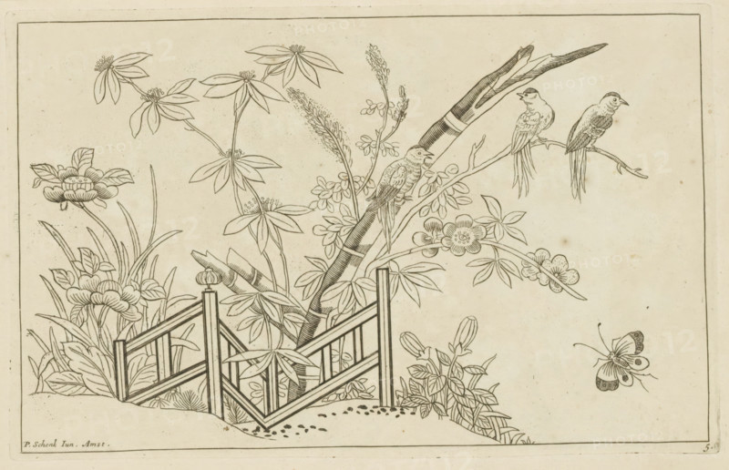 Three birds in a blossoming tree, Chinese flowers and birds, print, album page, ornamental print, Series number, 5, 6, Three birds in a blossoming tree. At the foot of the tree a fence. On the right a butterfly. Print is part of an album., printmaker: Pieter Schenk (II), Amsterdam, 1727 - 1775, paper, etching, height 163 mm x width 255 mm, flowers, birds, Chinese, insects: butterfly, trees (flowers, blossom, blossoming), A line drawing shows a garden scene with a wooden fence segment in the foreground surrounded by various plants and leaves, a bamboo-like stalk rising behind the fence, flowering branches with rounded and elongated petals, and a slender branch extending horizontally where three small birds with long tail feathers perch; one bird sits lower on the bamboo stalk with its beak open. A butterfly with patterned wings is depicted near the lower right. The composition is set within a rectangular border on a light, slightly speckled background.