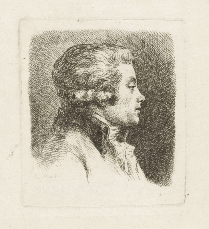 Portrait of the French print publisher NC Aubourg, print, printmaker: Dominique Vivant Denon (baron), France, in or before 1803, paper, etching, height 91 mm x width 79 mm, Person, NC Aubourg, historical persons, publishing, publisher (portrait of scholar, scientist), A sepia-toned etching of a person shown in profile facing right, with a powdered wig styled with rolled side curls and a tied queue at the back, a high-collared coat, and a frilled cravat at the neck; fine cross-hatched lines form the textured background and detailed shading on the face, hair, and clothing, with visible etched strokes and a rectangular recessed plate mark around the portrait on aged paper.