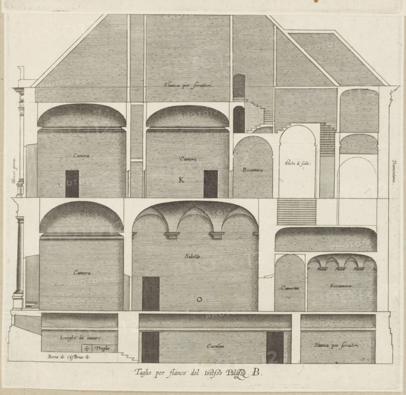 Longitudinal section of the Villa Giustiniani-Cambiaso in Genoa, Taglio per fianco del istesso Palazzo. B., print, album page, This print is part of an album., printmaker: Nicolaes Ryckmans, Antwerp, publisher: Peter Paul Rubens, provider of privilege: Spanish crown, 1622, paper, engraving, height 243 mm, width 257 mm, height 583 mm x width 435 mm, section, architectural design or model, hôtel, ie small palace in city - AA - civic architecture: inside, Genoa, Villa Giustiniani-Cambiaso, A large architectural drawing shows a cross section of a building with multiple levels of rooms and vaulted ceilings, rendered in fine parallel hatch lines and stippling for shading. The composition includes tall sloped roof sections with dense horizontal hatching, thick vertical supporting walls, and a variety of arches and domed vaults. Several rectangular doorways and narrow staircases connect different levels, and some rooms display semicircular barrel vaults while others have groin or stepped vault...