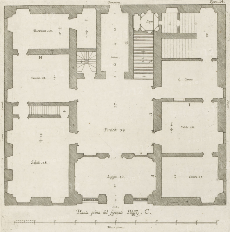 Pianta prima del seguente Palazzo. C., Floor plan of the ground floor of the Villa Spinola di San Pietro in Genoa, print, album page, This print is part of an album., printmaker: Nicolaes Ryckmans, Antwerp, publisher: Peter Paul Rubens, provider of privilege: Spanish crown, 1622, paper, engraving, height 253 mm x width 249 mm, height 583 mm x width 435 mm, plan, architecture, hôtel, ie small palace in city - AA - civic architecture: inside, Genoa, Villa Spinola di San Pietro, A monochrome architectural floor plan showing rooms outlined by thick shaded walls, doorways, and interior partitions, with areas containing staircases and narrow corridors, rectangular and irregular room shapes, and patterned hatch marks indicating different floor or wall sections; small decorative elements appear at some wall ends, and light ink markings and thin guide lines are visible across the paper, which has a slightly aged, speckled texture.