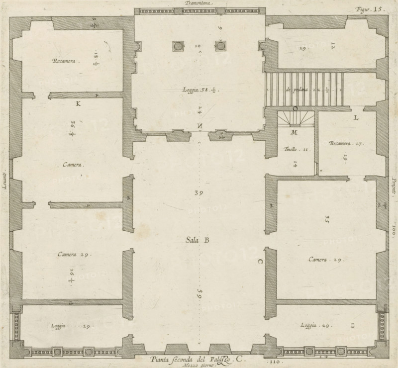 Pianta seconda del Palazzo. C., Floor plan of the first floor of the Villa Spinola di San Pietro in Genoa, print, album page, This print is part of an album., printmaker: Nicolaes Ryckmans, Antwerp, publisher: Peter Paul Rubens, provider of privilege: Spanish crown, 1622, paper, engraving, height 235 mm x width 252 mm, height 583 mm x width 435 mm, plan, architecture, hôtel, ie small palace in city - AA - civic architecture: inside, Genoa, Villa Spinola di San Pietro, A monochrome architectural floor plan showing rooms outlined with thick hatched walls and thinner interior lines, featuring rectangular and irregularly shaped chambers arranged symmetrically around a large central hall, staircases with parallel steps, small square columns or pilasters along outer edges, patterned border details along lower edges, and scattered small circular and square markers.