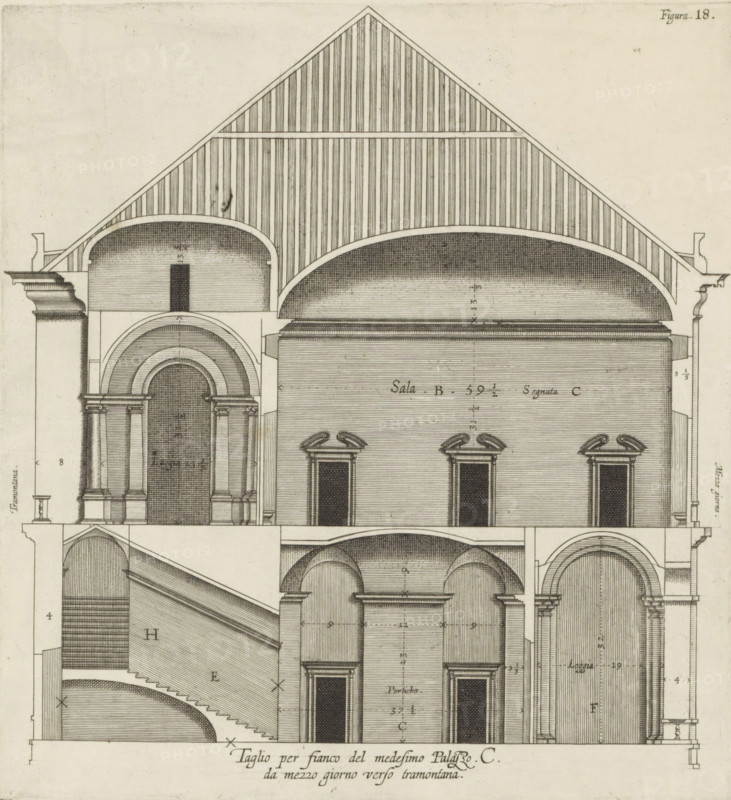 Taglio per fianco del medesimo Palazzo. C., da mezzo giorno verso tramontana., Longitudinal section of the Villa Spinola di San Pietro in Genoa, print, album page, This print is part of an album., printmaker: Nicolaes Ryckmans, Antwerp, publisher: Peter Paul Rubens, provider of privilege: Spanish crown, 1622, paper, engraving, gravure, height 267 mm x width 245 mm, height 583 mm x width 435 mm, section, architectural design or model, hôtel, ie small palace in city - AA - civic architecture: inside, Genoa, Villa Spinola di San Pietro, A detailed architectural drawing showing a cross section of a building with arches, vaulted ceilings, columns, staircases, and ornamental window and door surrounds, rendered in fine ink lines and shading on a pale background.