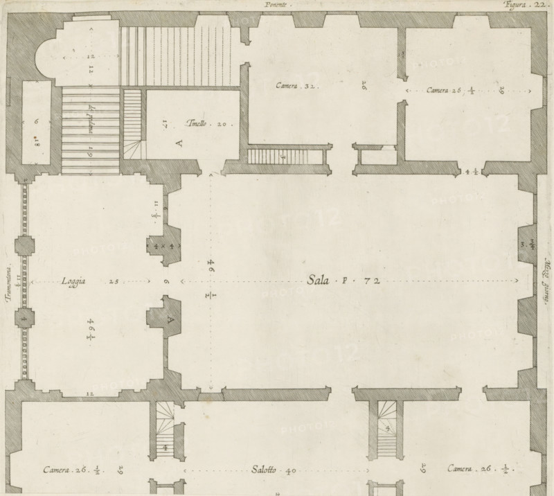 Floor plan of the first floor of the Villa Grimaldi in Genoa, print, album page, This print is part of an album., printmaker: Nicolaes Ryckmans, Antwerp, publisher: Peter Paul Rubens, grantor of privilege: Spanish crown, 1622, paper, engraving, height 243 mm, width 268 mm, height 583 mm x width 435 mm, plan, architecture, hotel, i.e. small palace in city - AA - civic architecture: inside, Genoa, Villa Grimaldi, Aged architectural floor plan drawn in black ink on a pale background showing thick hatched exterior walls and thinner interior partition lines, with multiple rectangular and irregular rooms, staircases depicted with parallel lines and small landings, shaded corner buttresses and pilaster-like projections, dotted and dashed guide lines across large open spaces, small rectangular hatch-marked sections indicating steps, and sparse handwritten labels and short notations in a cursive script placed within several rooms.