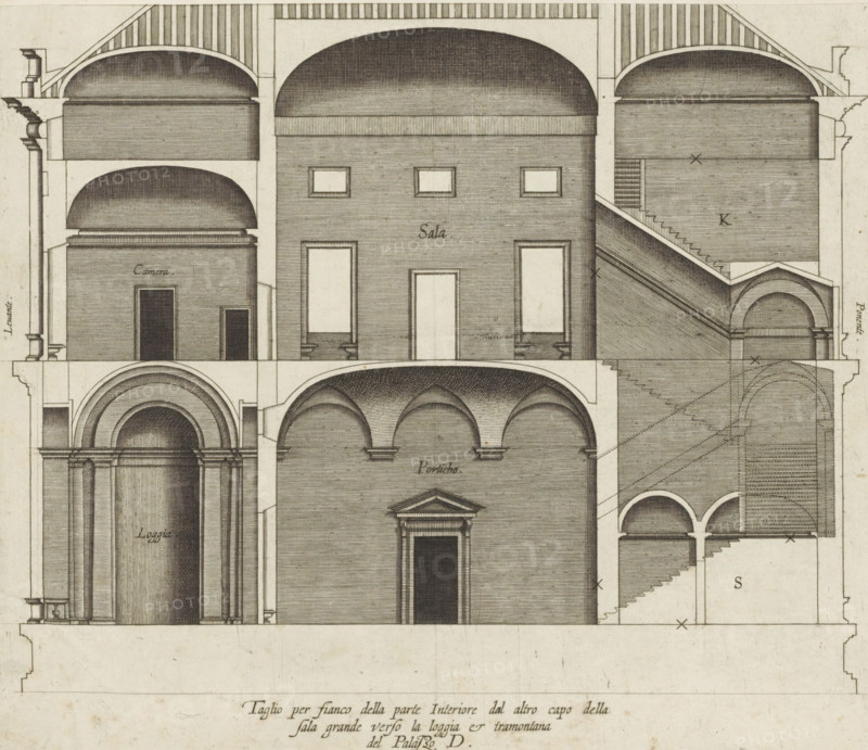 Taglio per fianco della parte interiore dal altro capo della, sala grande verso la loggia et tramontana, del Palazzo. D, Longitudinal section of the villa Grimaldi in Genoa, print, album page, This print is part of an album., printmaker: Nicolaes Ryckmans, Antwerp, publisher: Peter Paul Rubens, provider of privilege: Spanish crown, 1622, paper, engraving, height 312 mm x width 282 mm, height 583 mm x width 435 mm, section, architectural design or model, hôtel, ie small palace in city - AA - civic architecture: inside, Genoa, Villa Grimaldi, The image shows a detailed architectural drawing in sepia tones depicting a cross section of a classical building with vaulted ceilings, arches, staircases, and columned portals. The composition includes large rounded vaults at the top, rectangular rooms with framed openings, a series of arches forming a loggia, and a prominent tall arched entrance flanked by pilasters. Parallel hatch shading defines surfaces and curvature, and thin lined details in...