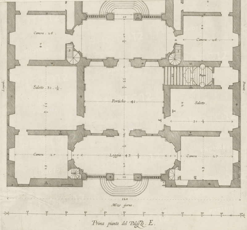 Great pianta del Palazzo. E, Floor plan of the ground floor of the villa Pallavicino delle Peschiere in Genoa, print, album page, This print is part of an album., printmaker: Nicolaes Ryckmans, Antwerp, publisher: Peter Paul Rubens, provider of privilege: Spanish crown, 1622, paper, engraving, height 280 mm x width 256 mm, height 583 mm x width 435 mm, plan, architecture, hôtel, ie small palace in city - AA - civic architecture: inside, Genoa, Villa Pallavicino delle Peschiere, A detailed architectural floor plan rendered in fine lines on aged paper showing symmetrical room layouts with thick shaded wall sections, large rectangular and curved rooms, staircases including circular spiral stairs, a central vaulted or open area with stepped semicircular elements, various door and window openings indicated by breaks in the walls, hatched shading to denote solid structures, faint measurement lines and dashed centerlines, decorative small circular details in one area suggesting fixtures, and ...