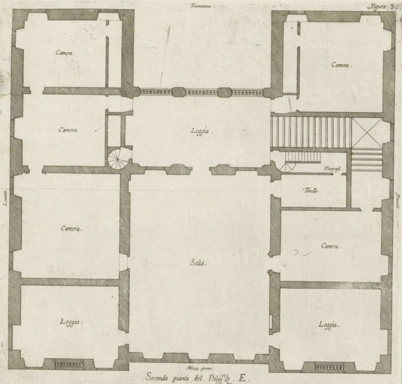 Plan of the first floor of the villa Pallavicino delle Peschiere in Genoa, Seconda pianta del Palazzo. E, print, album page, This print is part of an album., printmaker: Nicolaes Ryckmans, Antwerp, publisher: Peter Paul Rubens, provider of privilege: Spanish crown, 1622, paper, engraving, height 243 mm x width 252 mm, height 583 mm x width 435 mm, plan, architecture, hôtel, ie small palace in city - AA - civic architecture: inside, Genoa, Villa Pallavicino delle Peschiere, A hand-drawn architectural floor plan in muted tones showing a symmetrical layout with thick shaded walls, rectangular rooms, and corridors; the central area is a large open space flanked by smaller rooms on either side, some with decorative patterned balustrades and one with a spiral staircase; staircases and narrow passageways connect the rooms, and hatched shading marks the exterior walls and door openings; the drawing has fine ink lines, faint scratches and age spots on the paper, and small labels inside several ...