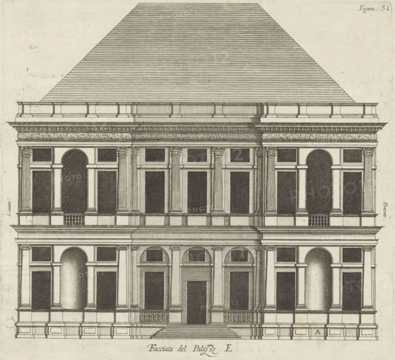 Facciata del Palazzo. E, Elevation of the façade of the Villa Pallavicino delle Peschiere in Genoa, print, album page, This print is part of an album., printmaker: Nicolaes Ryckmans, Antwerp, publisher: Peter Paul Rubens, grantor of privilege: Spanish crown, 1622, paper, engraving, height 242 mm x width 266 mm, height 583 mm x width 435 mm, front façade, exterior, architectural design or model, hotel, i.e. small palace in city, Genoa, Villa Pallavicino delle Peschiere, A detailed architectural elevation of a symmetrical multi-story building rendered in fine black ink lines on a pale background, showing a large pitched roof with closely spaced horizontal shading lines above a wide cornice decorated with frieze ornament, a row of balustraded panels beneath the cornice, and stacked façades with pilasters and columns separating tall rectangular panels and rounded arch openings; the lower levels feature a central recessed entrance reached by a flight of steps flanked by balustrades, arched ...