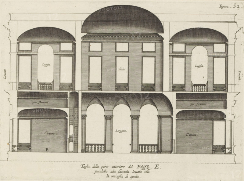 Taglio della parte anteriore del Palazzo. E., paralello alla facciata leuata sola, la muraglia di quella, Cross section of the villa Pallavicino delle Peschiere in Genoa, print, album page, This print is part of an album., printmaker: Nicolaes Ryckmans, Antwerp, publisher: Peter Paul Rubens, grantor of privilege: Spanish crown, 1622, provider of privilege, paper, engraving, gravure, height 191 mm x width 261 mm, height 583 mm x width 435 mm, section, architectural design or model, hôtel, ie small palace in city - AA - civic architecture: inside, Genoa, Villa Pallavicino delle Peschiere, A detailed architectural drawing of a building cross section rendered in fine ink lines on aged paper, showing multiple stacked levels with arches, columns, balustrades, and domed ceilings. The central portion features three large rounded arches supported by classical columns, a loggia with a balustrade, and a tall rectangular upper room with framed panels and a domed roof above. Flanking the central se...
