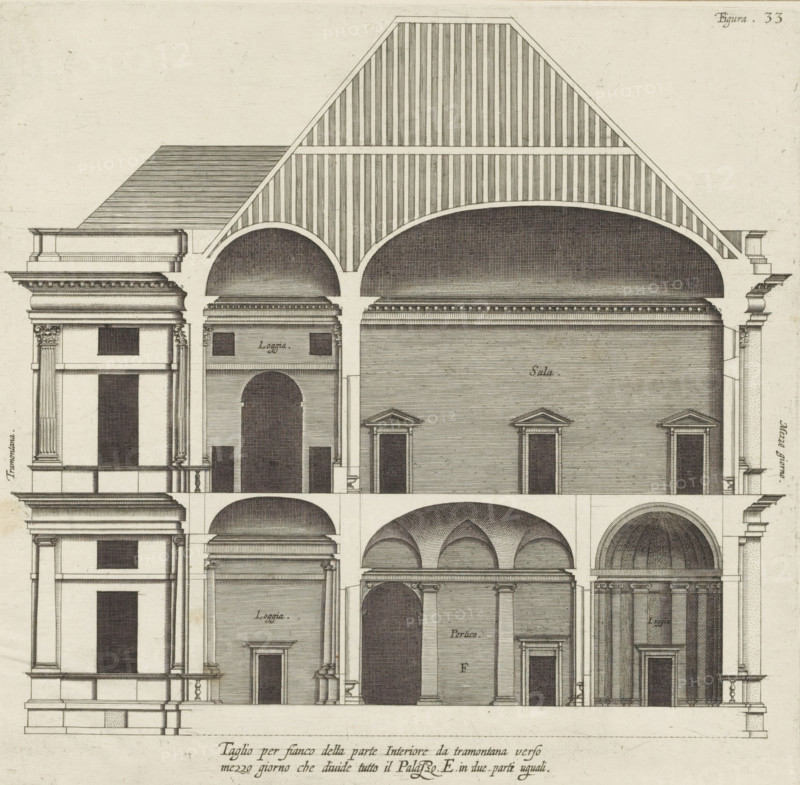 Longitudinal section of the villa Pallavicino delle Peschiere in Genoa, Taglio per fianco della parte interiore da tramontana verso, mezzo giorno che divide tutto il Palazzo. E. in due parti uguali, print, album page, This print is part of an album., printmaker: Nicolaes Ryckmans, Antwerp, publisher: Peter Paul Rubens, provider of privilege: Spanish crown, 1622, paper, engraving, height 248 mm x width 255 mm, height 583 mm x width 435 mm, section, architectural design or model, hôtel, ie small palace in city - AA - civic architecture: inside, Genoa, Villa Pallavicino delle Peschiere, A detailed architectural drawing shows a cross section of a building with large curved vaulted ceilings and striped roof panels, rows of evenly spaced vertical lines, and shaded semicircular vaults. The façade includes tall rectangular doorways topped by small triangular pediments, fluted columns with decorative capitals, entablatures with dentil molding, and layered cornices. Multiple arches and barrel-va...