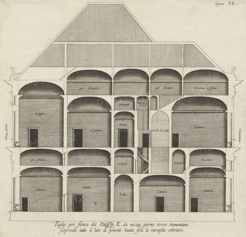 Taglio per fianco del Palazzo. E. da mezzo giorno verso tramontana, scoprendo tutte il lato di ponente leuata sola la muraglia esteriore, Longitudinal section of the villa Pallavicino delle Peschiere in Genoa, print, album page, This print is part of an album., printmaker: Nicolaes Ryckmans, Antwerp, publisher: Peter Paul Rubens, grantor of privilege: Spanish crown, 1622, paper, engraving, height 247 mm x width 257 mm, height 583 mm x width 435 mm, section, architectural design or model, hôtel, ie small palace in city - AA - civic architecture: inside, Genoa, Villa Pallavicino delle Peschiere, A detailed architectural cross section drawn in ink on a light background showing multiple stacked floors with large rectangular rooms and arched ceiling bays, vertical and horizontal structural walls and columns, a pitched roof with hatched shading, rows of staircases including a spiral stair, arched openings between rooms, doorways at floor level, dense hatching and stippling to indicate volume...