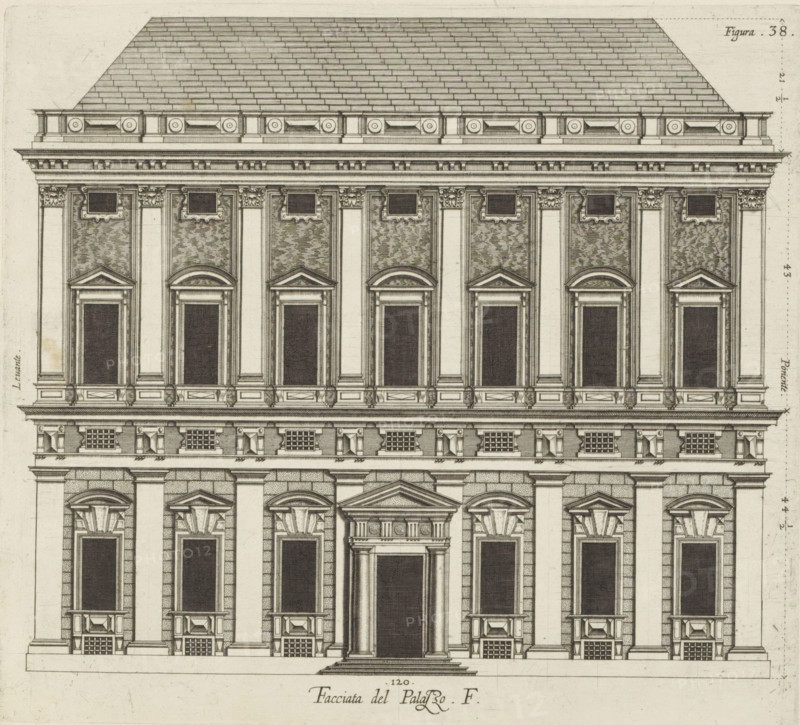Facciata del Palazzo. F, Elevation of the façade of the Palazzo Spinola in Genoa, print, album page, This print is part of an album., printmaker: Nicolaes Ryckmans, Antwerp, publisher: Peter Paul Rubens, grantor of privilege: Spanish crown, 1622, paper, engraving, height 236 mm x width 262 mm, height 583 mm x width 435 mm, front façade, exterior, architectural design or model, hotel, i.e. small palace in city, Genoa, Palazzo Spinola, A detailed architectural elevation of a classical facade showing a stepped roof with rectangular tiles, a decorative cornice band with repeating circular and rectangular motifs, and a series of vertical pilasters separating tall rectangular openings with heavy frames and pediments; the middle entrance features a pronounced portico with columns, a stepped approach, and an entablature, while the lower level includes rusticated masonry and small gridded openings beneath molded window bases, and the upper portion displays textured wall panels, ornate capitals,...