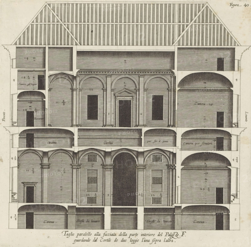 Cross section of the Palazzo Spinola in Genoa, Taglio parallel alla facciata della parte interiore del Palazzo. F., guardando dal cortile de due loggie l'una sopra laltra, print, album page, This print is part of an album., printmaker: Nicolaes Ryckmans, Antwerp, publisher: Peter Paul Rubens, provider of privilege: Spanish crown, 1622, Nicolaes Ryckmans, Peter Paul Rubens, Spanish crown, printmaker, publisher, provider of privilege, paper, engraving, height 256 mm x width 260 mm, height 583 mm x width 435 mm, section, architectural design or model, hôtel, ie small palace in city - AA - civic architecture: inside, Genoa, Palazzo Spinola, A vertically oriented architectural engraving showing a building section with multiple horizontal levels, arched openings, and rectangular doorways; the top shows a steep pitched roof with diagonal rafters and closely spaced vertical lines, beneath which are large rectangular attic spaces; below that a row with decorative cornice and three large frontal...