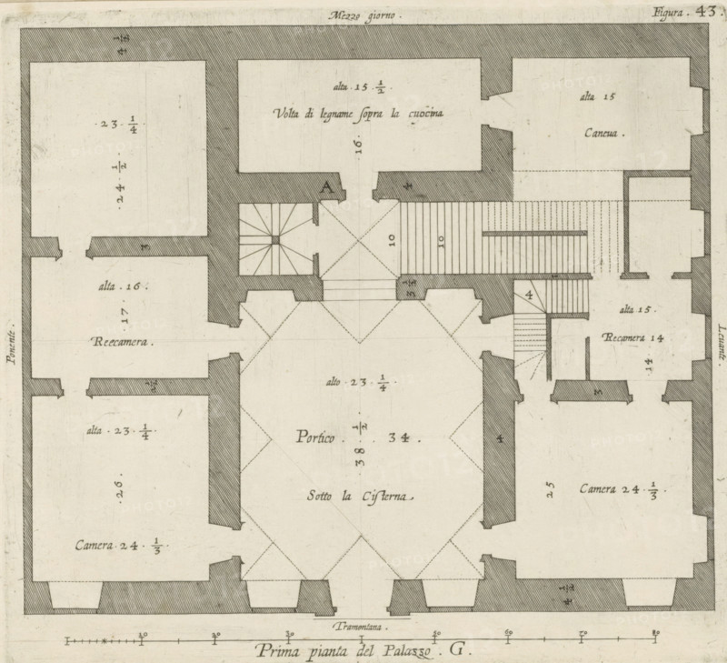 Floor plan of the ground floor of the Palazzo Interiano Pallavicini in Genoa, Prima pianta del Palazzo. G, print, album page, This print is part of an album., printmaker: Nicolaes Ryckmans, Antwerp, publisher: Peter Paul Rubens, grantor of privilege: Spanish crown, 1622, paper, engraving, height 188 mm x width 210 mm, height 583 mm x width 435 mm, plan, architecture, hotel, i.e. small palace in city - AA - civic architecture: inside, Genoa, Palazzo Interiano Pallavicini, A detailed architectural floor plan drawn in black ink on a cream background showing multiple rectangular and square rooms separated by thick shaded walls and thinner interior partitions, with hatched sections indicating staircases and diagonal dashed lines forming geometric patterns in large central spaces; the drawing includes small rectangular projections in wall openings, narrow stair flights with parallel hatch marks, and symmetrical bay-like wall indentations along the perimeter; fine hand-drawn dimension marks a...