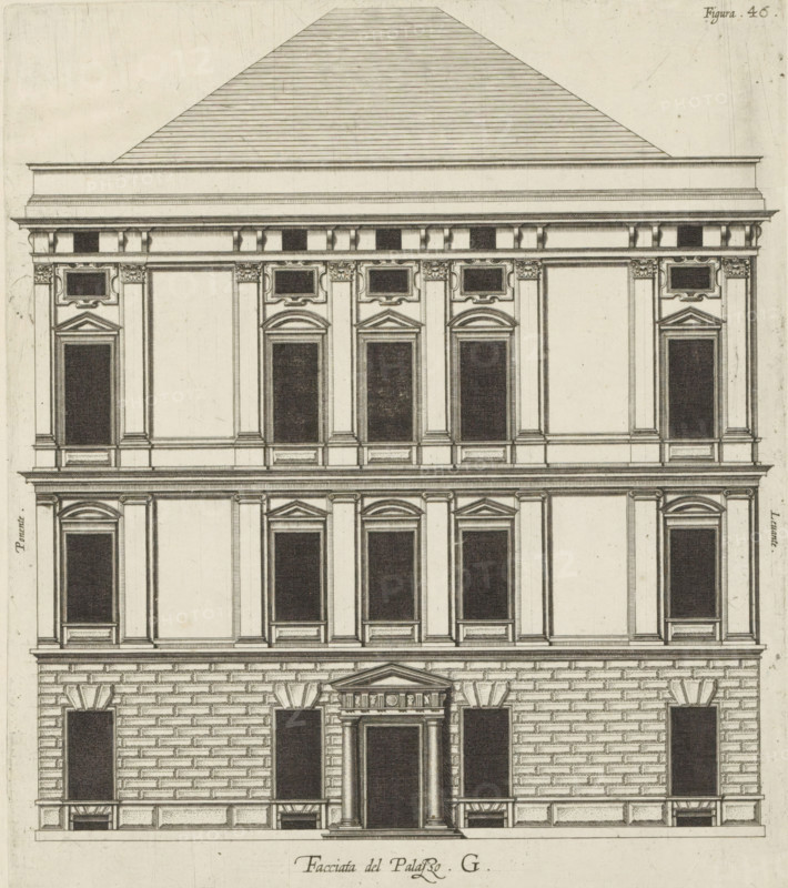 Elevation of the façade of the Palazzo Interiano Pallavicini in Genoa, Facciata del Palazzo. G, print, album page, This print is part of an album., printmaker: Nicolaes Ryckmans, Antwerp, publisher: Peter Paul Rubens, grantor of privilege: Spanish crown, 1622, paper, engraving, height 248 mm x width 213 mm, height 583 mm x width 435 mm, front façade, exterior, architectural design or model, hotel, i.e. small palace in city, Genoa, Palazzo Interiano Pallavicini, A detailed architectural elevation of a multi-story building rendered in fine black lines on a light background, showing a tall pitched roof with horizontal hatching above a pronounced cornice, a symmetrical façade with vertically aligned rectangular window openings that are darkly shaded, decorative pediments above several upper windows, pilasters and ornate capitals separating window bays, a middle section with rusticated stonework blocks, a central entrance framed by columns supporting a triangular pediment, small balustrades...