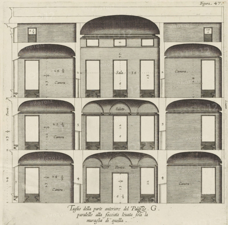Cross-section of the Palazzo Interiano Pallavicini in Genoa, Taglio della parte anteriore del Palazzo. G., paralello alla facciata levata sola la, muraglia di quella, print, album page, This print is part of an album., printmaker: Nicolaes Ryckmans, Antwerp, publisher: Peter Paul Rubens, grantor of privilege: Spanish crown, 1622, paper, engraving, height 208 mm x width 210 mm, height 583 mm x width 435 mm, section, architectural design or model, hotel, i.e. small palace in city - AA - civic architecture: inside, Genoa, Palazzo Interiano Pallavicini, A detailed architectural engraving showing repeated vertical sections of rooms with rounded vaulted ceilings and rectangular door and window openings, arranged in a grid of rows and columns. The walls are rendered with fine horizontal hatch shading and the vaulted ceilings are depicted with dense stippling and crosshatching. Each room has a darkened base area beneath the openings and narrow pilasters or wall thicknesses between adjacent spa...