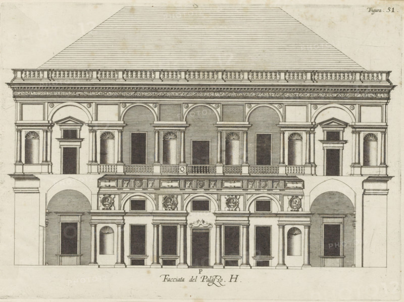 Facciata del Palazzo. H, Elevation of the facade facing the courtyard of the Villa Grimaldi-Sauli in Genoa, print, album page, This print is part of an album., printmaker: Nicolaes Ryckmans, Antwerp, publisher: Peter Paul Rubens, grantor of privilege: Spanish crown, 1622, paper, engraving, height 215 mm x width 297 mm, height 583 mm x width 435 mm, façade (of house or building), exterior, architectural design or model, hôtel, ie small palace in city, Genoa, Villa Grimaldi-Sauli, An architectural engraving of a classical building facade rendered in fine line work, showing a multi-level elevation with a steeply pitched roof composed of horizontal lines and a decorative balustrade along the roofline; below the roof a richly carved entablature with ornate floral and scroll motifs runs across the top of the facade; the upper story features a sequence of large arched openings and rectangular panels framed by pilasters and columns with molded capitals, with recessed darkened window or door op...