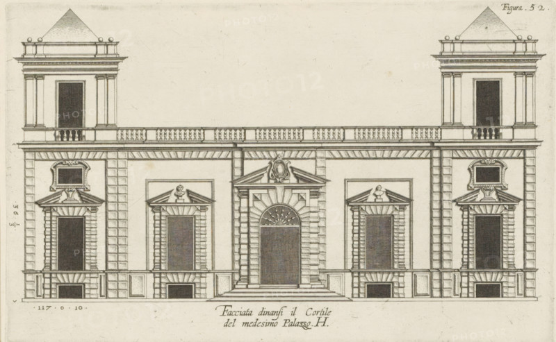 Elevation of the façade on the street side of the Villa Grimaldi-Sauli in Genoa, Facciata dinansi il Cortile, del medesimo Palazzo. H, print, album page, This print is part of an album., printmaker: Nicolaes Ryckmans, Antwerp, publisher: Peter Paul Rubens, provider of privilege: Spanish crown, 1622, paper, engraving, height 162 mm x width 257 mm, height 583 mm x width 435 mm, facade (or house or building), exterior, architectural design or model, hôtel, ie small palace in city, Genoa, Villa Grimaldi-Sauli, A symmetrical architectural elevation drawn in fine lines showing a central doorway with a grand arched surround and steps leading up to it, flanked by paired tall rectangular openings with decorative pediments and busts above them, all set within a rusticated stone facade. The upper story includes two projecting pavilions at each end with tall dark rectangular panels, columns, and small balustraded balconies, connected by a balustrade running across the roofline. Ornamental moulding...