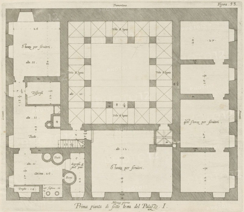 Floor plan of the basement of the Palazzo Rostan Raggio, Prima pianta di sotto terra del Palazzo. I, print, album page, This print is part of an album., printmaker: Nicolaes Ryckmans, Antwerp, publisher: Peter Paul Rubens, grantor of privilege: Spanish crown, 1622, paper, engraving, height 216 mm x width 250 mm, height 583 mm x width 435 mm, plan, architecture, hotel, i.e. small palace in city - AA - civic architecture: inside, Genoa, Palazzo Rostan Raggio, A detailed architectural floor plan rendered in black ink on aged paper showing rooms outlined by thick shaded walls and thinner interior partition lines, with a central open courtyard surrounded by a colonnaded or vaulted perimeter indicated by diagonal hatch patterns and small solid shaded squares at regular intervals; various adjacent rectangular and square rooms of differing sizes feature interior hatch marks suggesting vaults or beams, small staircases, circular shapes representing ovens or tanks, and niche-like recesses in wal...