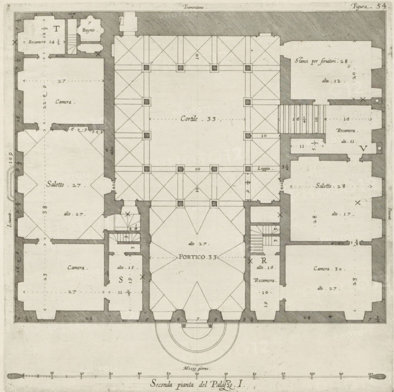 Seconda pianta del Palazzo. I, Floor plan of the ground floor of the Palazzo Rostan Raggio in Genoa, print, album page, This print is part of an album., printmaker: Nicolaes Ryckmans, Antwerp, publisher: Peter Paul Rubens, provider of privilege: Spanish crown, 1622, paper, engraving, height 251 mm x width 251 mm, height 583 mm x width 435 mm, plan, architecture, hôtel, ie small palace in city - AA - civic architecture: inside, Genoa, Palazzo Rostan Raggio, A detailed architectural plan rendered in black lines on a light background showing a symmetrical building layout with rectangular and square rooms surrounding a central open courtyard marked by a grid of columns and vaulted ceiling patterns, staircases, corridors, and labeled chambers, hatching used to indicate solid walls, small squares indicating column bases, diagonal dashed lines and crossed hatched patterns within rooms, stair treads and landings depicted, several rooms containing ornamental corner shapes and alcoves, a central...