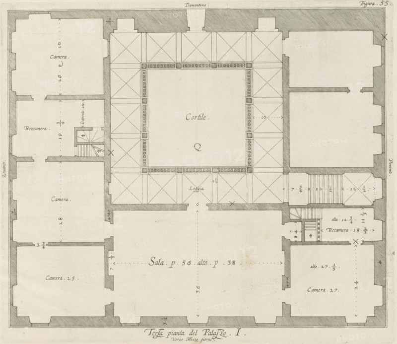 Terza pianta del Palazzo. I, Floor plan of the first floor of the Palazzo Rostan Raggio in Genoa, print, album page, This print is part of an album., printmaker: Nicolaes Ryckmans, Antwerp, publisher: Peter Paul Rubens, grantor of privilege: Spanish crown, 1622, paper, engraving, height 215 mm x width 249 mm, height 583 mm x width 435 mm, plan, architecture, hotel, i.e. small palace in city - AA - civic architecture: inside, Genoa, Palazzo Rostan Raggio, A detailed ink plan view of a building floor showing a central open courtyard surrounded by covered galleries with square column bases and diagonal hatch-patterned ceiling panels, flanked by multiple rectangular rooms with thick outer walls and recessed alcove shapes; staircases with narrow steps appear near some rooms, and thin interior partitions and corridors connect spaces; decorative molding and patterned balustrades border parts of the courtyard, and dashed alignment lines run across the plan; the drawing uses light beige paper w...