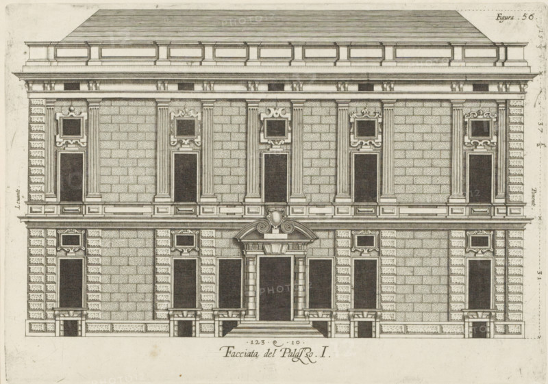 Elevation of the façade of the Palazzo Rostan Raggio in Genoa, Facciata del Palazzo. I, print, album page, This print is part of an album., printmaker: Nicolaes Ryckmans, Antwerp, publisher: Peter Paul Rubens, grantor of privilege: Spanish crown, 1622, paper, engraving, height 184 mm x width 262 mm, height 583 mm x width 435 mm, façade (of house or building), exterior, architectural design or model, hotel, i.e. small palace in city, Genoa, Palazzo Rostan Raggio, A detailed architectural elevation of a classical stone building showing a symmetrical facade with a central entrance framed by columns and a curved pediment, flanked by tall rectangular windows and smaller decorative square windows above them; the surface is rendered with textured ashlar stone blocks and alternating rusticated cornerwork, vertical fluted pilasters separate the bays, and ornate window surrounds with scrollwork appear at the upper level; a pronounced cornice and entablature run across the top beneath a shallow p...