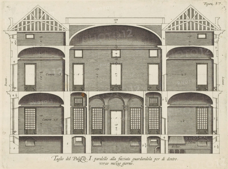 Cross-section of the Palazzo Rostan Raggio in Genoa, Taglio del Palazzo. I. parallel to the facade guardandola per di dentro, verso mezzo giorno, print, album page, This print is part of an album., printmaker: Nicolaes Ryckmans, Antwerp, publisher: Peter Paul Rubens, grantor of privilege: Spanish crown, 1622, paper, engraving, height 194 mm x width 261 mm, height 583 mm x width 435 mm, section, architectural design or model, hotel, i.e. small palace in city - AA - civic architecture: inside, Genoa, Palazzo Rostan Raggio, A detailed architectural drawing of a building cross section showing multiple stacked floors with rooms and corridors, featuring rounded vaulted ceilings, rectangular doorways, tall windows with grid-like panes, and arched openings supported by columns. The uppermost level displays pitched roof structures with triangular trusses and horizontal siding, while lower levels reveal layered floor structures, recessed alcoves, and interior partitions rendered with fine parall...