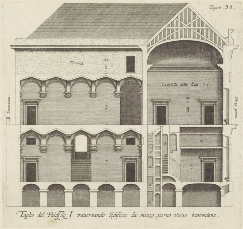 Taglio del Palazzo. I. traversando l'edificio da mezzo giorno verso tramontana, Longitudinal section of the Palazzo Rostan Raggio in Genoa, print, album page, This print is part of an album., printmaker: Nicolaes Ryckmans, Antwerp, publisher: Peter Paul Rubens, grantor of privilege: Spanish crown, 1622, Nicolaes Ryckmans, Peter Paul Rubens, Spanish crown, printmaker, publisher, grantor van privilege, paper, engraving, gravure, height 201 mm x width 212 mm, height 583 mm x width 435 mm, section, architectural design or model, hôtel, ie small palace in city - AA - civic architecture: inside, Genoa, Palazzo Rostan Raggio, A detailed architectural drawing showing a cutaway view of a multi-level building with rows of rounded arches at the ground floor, a series of arched openings and columned arcades above, staircases and narrow vertical passageways, rectangular door openings with molded surrounds, a large vaulted chamber topped by a timber-trussed gabled roof, patterned roof shading, and f...