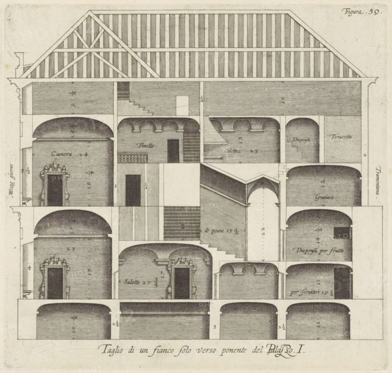 Longitudinal section of the Palazzo Rostan Raggio in Genoa, Taglio di a fianco solo verso ponente del Palazzo. I, print, album page, This print is part of an album., printmaker: Nicolaes Ryckmans, Antwerp, publisher: Peter Paul Rubens, provider of privilege: Spanish crown, 1622, paper, engraving, height 200 mm x width 210 mm, height 583 mm x width 435 mm, section, architectural design or model, hôtel, ie small palace in city - AA - civic architecture: inside, Genoa, Palazzo Rostan Raggio, A detailed architectural engraving of a multi-level building section showing rows of rooms with vaulted ceilings, doorways with ornate frames, staircases, arches, and structural beams; the roof structure is visible with a triangular timber truss and closely spaced rafters; interior walls are rendered with fine horizontal hatching and some rooms display balustrades or niches; shading and stippling indicate curved ceilings and recessed areas, and columns or pilasters separate adjoining spaces; portions ...