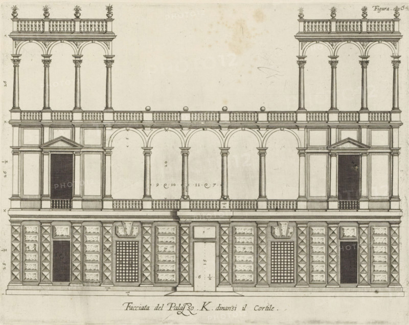 Facciata del Palazzo. K. dinansi il cortile, Rising of the facade on the street side of the Palazzo Lercari-Parodi in Genoa, print, album page, This print is part of an album., printmaker: Nicolaes Ryckmans, Antwerp, publisher: Peter Paul Rubens, provider of privilege: Spanish crown, 1622, paper, engraving, gravure, height 200 mm x width 254 mm, height 583 mm x width 435 mm, façade (of house or building), exterior, architectural design or model, hôtel, ie small palace in city, Genoa, Palazzo Lercari-Parodi, A detailed architectural drawing of a multi-level classical façade featuring rows of arched openings and columns with ornate capitals, balustraded balconies, and decorative urns atop a cornice, with alternating solid and recessed wall panels, rusticated pilasters, patterned panels, gridded window sections, recessed doorways with triangular pediments, and a symmetrical arrangement of arches and columns across the elevation.