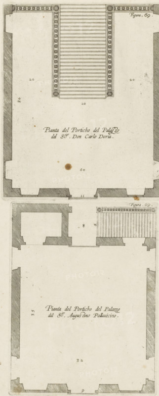 Porfilo della scala del Palazzo. B., Alsato della loggia del Palazzo. B, Elevation of the stairwell and the loggia of the Villa Giustiniani-Cambiaso in Genoa, print, album page, This print is part of an album., printmaker: Nicolaes Ryckmans, Antwerp, publisher: Peter Paul Rubens, provider of privilege: Spanish crown, 1622, paper, engraving, height 318 mm x width 144 mm, height 583 mm x width 435 mm, staircase, hôtel, ie small palace in city, loggia, verandah, porch, Genoa, Villa Giustiniani-Cambiaso, A tall, narrow architectural drawing printed on aged paper, divided into two stacked rectangular plan views with shaded wall sections and detailed linear hatching; the upper plan shows a central rectangular area filled with closely spaced parallel lines flanked by rows of small circular motifs and corner square blocks, surrounded by thick shaded walls with stepped recesses and an open interior space with a single dark circular stain; the lower plan mirrors a similar layout with a different...