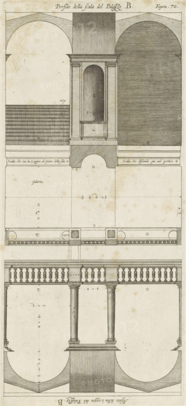 Plan of the vestibules of the Palazzo Doria-Tursi and the Palazzo Cambiaso in Genoa, Pianta del porticho del Palazzo, del Sigr. Don Carlo Doria, dil sigr. Augustino Pallavicino, print, album page, This print is part of an album., printmaker: Nicolaes Ryckmans, Antwerp, publisher: Peter Paul Rubens, grantor of privilege: Spanish crown, 1622, paper, engraving, height 321 mm x width 121 mm, height 583 mm x width 435 mm, vestibule, hall, plan, architecture, hotel, i.e. small palace in city, Genoa, Palazzo Doria-Tursi, Palazzo Pallavicini-Cambiaso, A tall vertical architectural engraving showing a symmetrical classical interior and exterior elevation with arches, columns, balustrades, and stair elements rendered in fine parallel hatching and stippling, featuring a central recessed niche flanked by pilasters beneath an entablature, broad semicircular vaulted spaces on either side, a horizontal gallery floor with a rounded arch opening below, a balustraded railing above slender fluted columns...