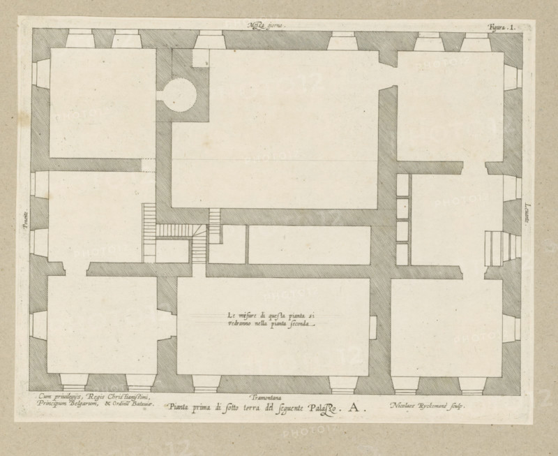 Pianta prima di sotto terra del seguente Palazzo. A., Floor plan of the basement of the Palazzo Carrega-Cataldi in Genoa, print, album page, This print is part of an album., printmaker: Nicolaes Ryckmans, Antwerp, publisher: Peter Paul Rubens, provider of privilege: Spanish crown, 1622, paper, engraving, height 198 mm x width 256 mm, height 583 mm x width 435 mm, plan, architecture, hôtel, ie small palace in city - AA - civic architecture: inside, Genoa, Palazzo Carrega-Cataldi, A rectangular architectural plan drawn in muted ink on aged paper shows a grid of rooms and thick shaded walls with hatched fill, doorways indicated by gaps in the walls, and small rectangular staircases with parallel lines; rooms vary in size and some contain alcove-like projections, while a circular area is visible adjacent to one wall; the drawing is bordered by a narrow blank margin and set against a textured beige background with faint age spots.