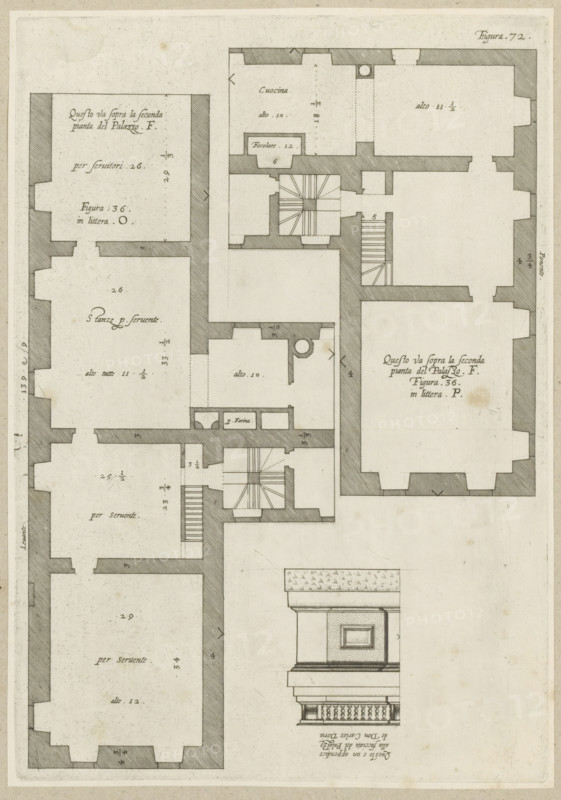 Questo va sopra la seconda, pianta del Palazzo. F., Questo e un appendice, alla facciata del Palazzo, de Don Carlos Doria, Floor plan of the mezzanine of the Palazzo Spinola and detail of the elevation of the façade of the Palazzo Doria-Tursi in Genoa, print, album page, This print is part of an album., printmaker: Nicolaes Ryckmans, Antwerp, publisher: Peter Paul Rubens, grantor of privilege: Spanish crown, 1622, paper, engraving, height 294 mm x width 205 mm, height 583 mm x width 435 mm, façade (of house or building), plan, architecture, hotel, i.e. small palace in city, Genoa, Palazzo Doria-Tursi, Palazzo Spinola, A detailed architectural drawing rendered in fine black lines on a pale background showing a floor plan with thick shaded walls, multiple rectangular rooms of varying sizes, staircases with handrails, and small square and circular features within rooms; the plan includes hatched wall sections, door openings, and narrow corridors, as well as an elevation fragment depicting...