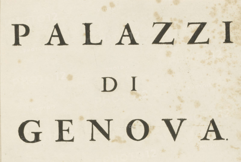 Palazzi di Genova, album page, title page, text sheet, Title page of the second volume with 'Palazzi Moderni'. This print is part of an album., printmaker: Nicolaes Ryckmans, Antwerp, printer (person): Plantiniana, Officina, publisher: Peter Paul Rubens, grantor of privilege: Spanish crown, 1622, printer (person), paper, letterpress printing, book printing, height 163 mm x width 243 mm, height 583 mm x width 435 mm, A close-up of an aged, off-white paper with visible brownish stains and speckles across the surface, showing large dark serif shapes arranged horizontally near the top and a second row of similarly styled dark serif shapes lower down, with subtle paper texture and small discoloration marks scattered throughout.