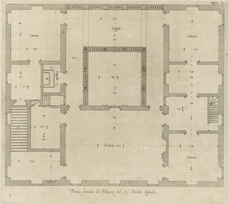 Pianta seconda del Palazzo del sigr. Niccolo Spinola, Plan of the first floor of the Palazzo Doria in Genoa, print, album page, This print is part of an album., printmaker: Nicolaes Ryckmans, Antwerp, publisher: Peter Paul Rubens, provider of privilege: Spanish crown, 1622, paper, engraving, height 379 mm x width 230 mm, height 583 mm x width 435 mm, plan, architecture, hôtel, ie small palace in city - AA - civic architecture: inside, Genoa, Palazzo Doria, Aged architectural floor plan drawn in sepia tones showing a symmetrical layout with thick shaded exterior walls and interior partition walls, a central large rectangular hall framed by a decorated colonnade with circular motifs, surrounding rooms of various sizes with dashed measurement lines, staircases indicated by parallel lines, small rectangular alcoves and recessed doorways, dotted alignment guides across the plan, and evenly spaced hatching on wall sections; the paper shows slight stains and wear with an ornamental title area...