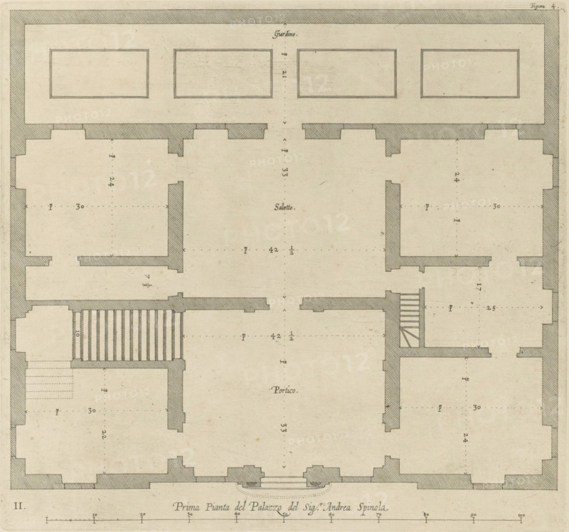 Floor plan of the ground floor of the Palazzo Gambaro in Genoa, Prima pianta del Palazzo del sigr. Andrea Spinola, print, album page, This print is part of an album., printmaker: Nicolaes Ryckmans, Antwerp, publisher: Peter Paul Rubens, grantor of privilege: Spanish crown, 1622, paper, engraving, height 248 mm x width 265 mm, height 583 mm x width 435 mm, plan, architecture, hotel, i.e. small palace in city, Genoa, Palazzo Gambaro, A monochrome architectural floor plan showing rectangular rooms and thick shaded walls with hatched fill, symmetrical layouts on either side of a central axis, staircases with parallel steps, a large central open space flanked by rooms with indented wall profiles, a border around the perimeter with diagonal hatching, multiple rectangular recessed panels at the top, dotted guide lines and small arrow markers throughout, and a horizontal scale bar along the bottom edge.